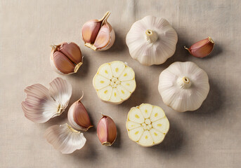 This image features a neatly arranged still life of whole garlic bulbs, garlic cloves, and a cross-section of garlic.