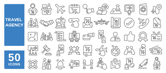 Set of 50 line icons related to travel agency, tourism company, travel booking, journey planning, flight, ticket, reservation, trip organizer, Editable stroke. Vector illustration