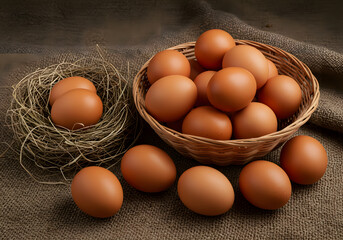 This image is a still-life photo featuring brown eggs placed in a basket and on straw. 