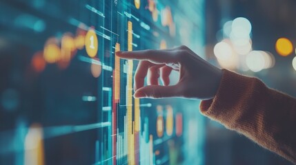 Businessperson touching a digital interface with data analytics.