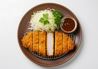 This image shows a crispy pork cutlet sliced neatly and served on a plate.