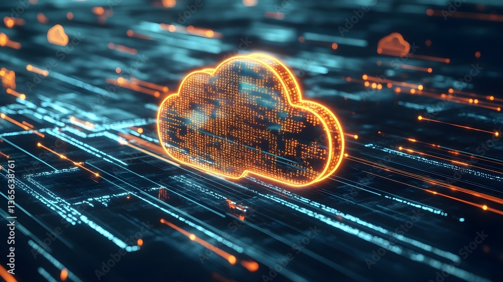 Poster digital technology background with glowing cloud icon and binary code on a digital screen