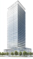 Modern glass skyscraper, city, urban, daytime, architectural rendering, real estate