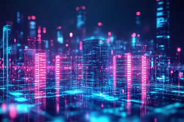 Fototapeta premium Vibrant Urban Cityscape at Night with Bright Neon Lights Illuminating Modern Skyscrapers Creating a Lively and Energetic Atmosphere in Metropolis