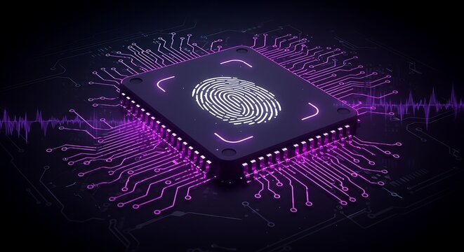 A glowing fingerprint on a central processing unit with purple circuit connections around it
