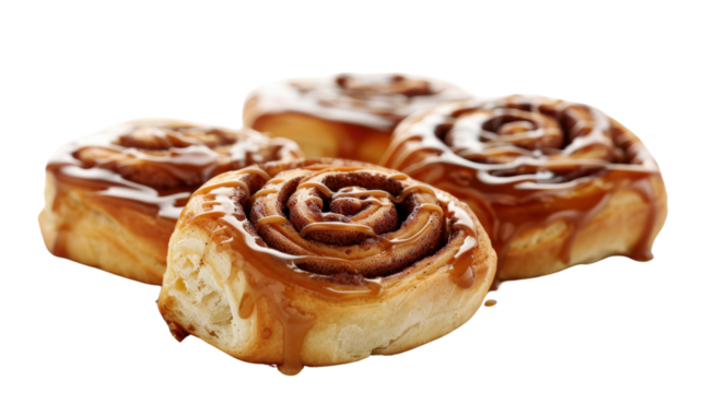 Delicious cinnamon rolls with caramel drizzling on transparent background