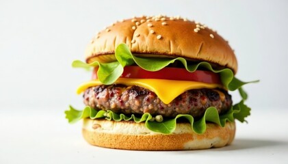 Close up of a juicy burger on a white background , onion, diner