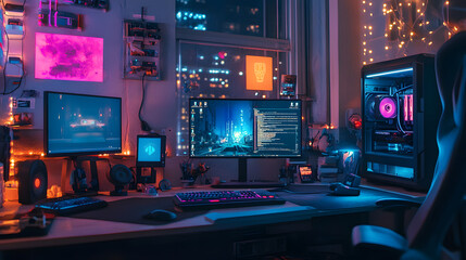 Futuristic workspace setup with neon lighting and modern gadgets