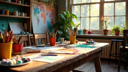 Obraz premium Sunlit Creative Space A Wooden Table Overflowing with Art Supplies, Ready for Imaginative Exploration