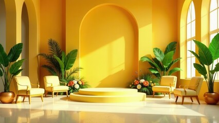 Fototapeta premium Sunlit Yellow Room with Tropical Plants and Elegant Chairs Featuring a Circular Display Platform