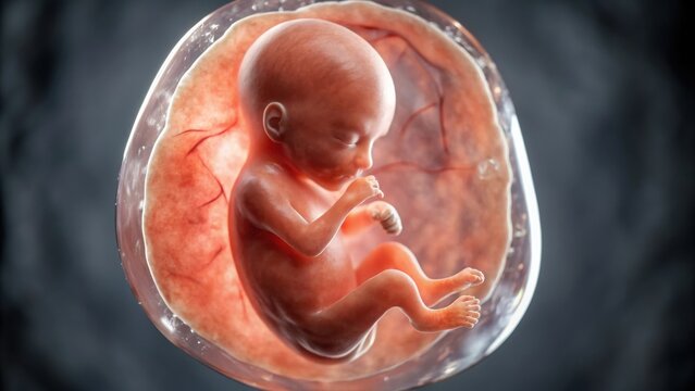 A detailed illustration of a developing fetus in the womb, showcasing the early stages of human life.