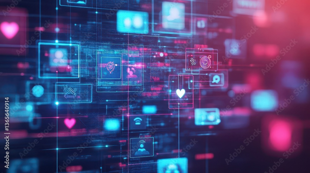 Poster dynamic digital interface featuring diverse icons and symbols representing technology connectivity a