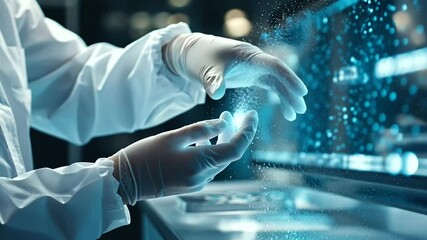 A scientist’s hands in latex gloves adjusting a complex chemical formula on a transparent digital screen, with glowing holographic data surrounding the lab environment. - Powered by Adobe