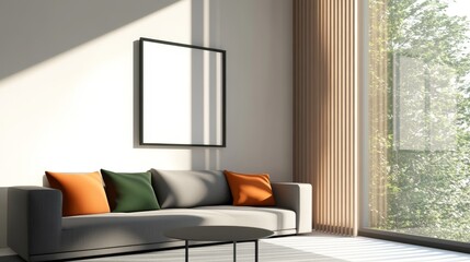 Modern living room with a cozy sofa, colorful cushions, and large windows overlooking greenery