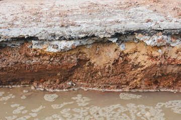 Close-up view of cracks in road under construction.