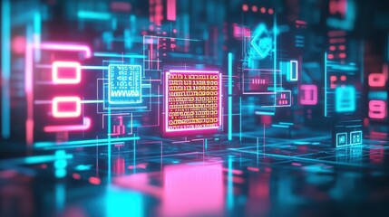 Fototapeta premium Futuristic Digital Interface Displaying Glowing Neon Elements Against a Dark Background Creating a Vibrant and Cutting Edge Technological Aesthetic