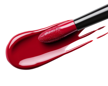 A vibrant red lip gloss applicator resting on a glossy red smear.