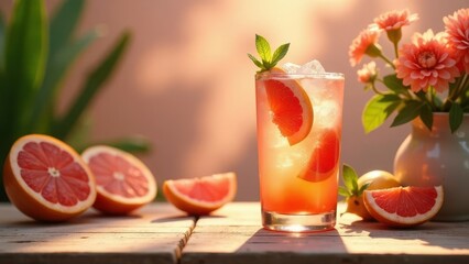 Refreshing Grapefruit Beverage with Ice and Mint Garnish on Rustic Wooden Table