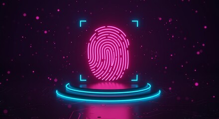 A glowing pink fingerprint with blue accents on a platform in a dark space with particles
