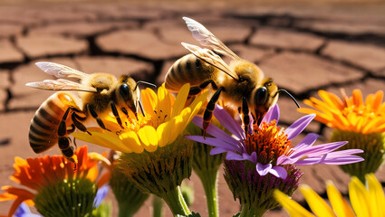 bees pollinating vibrant flowers in a contrasting setting of cracked earth. The image captures the essence of nature's resilience