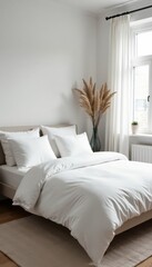 Bed with white linens and pillows in a minimalist Scandinavian bedroom , Bedroom furniture, Minimalist bed