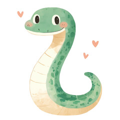 A cute cartoon illustration of a green snake with hearts.