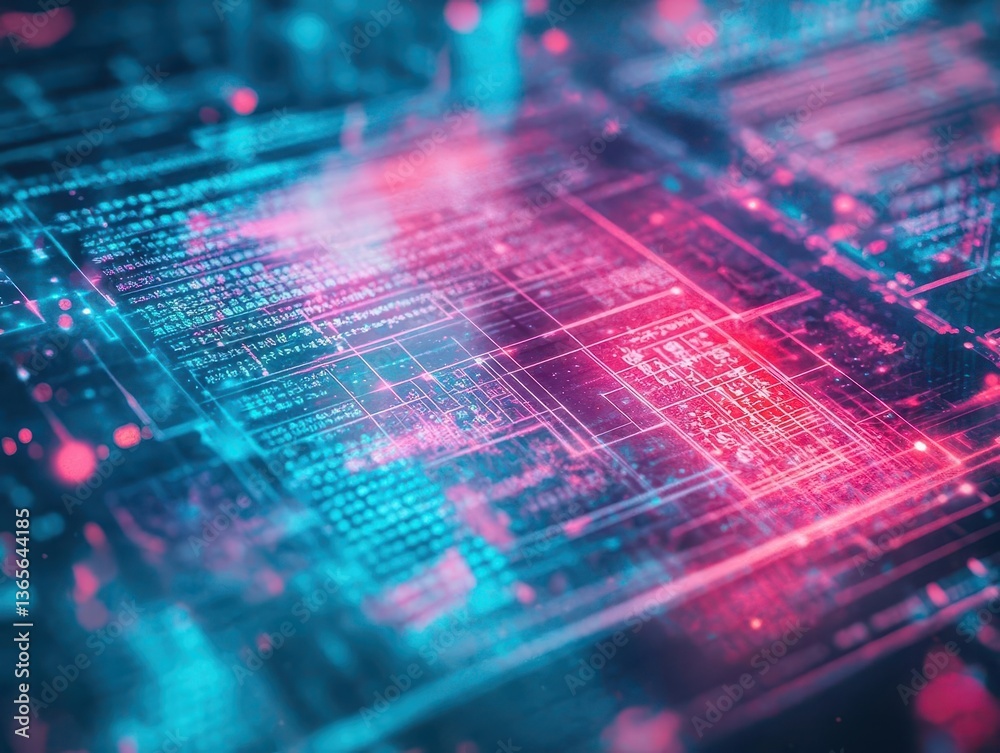 Poster vivid computer circuit board illuminated by dynamic red and blue lights creating a futuristic and te