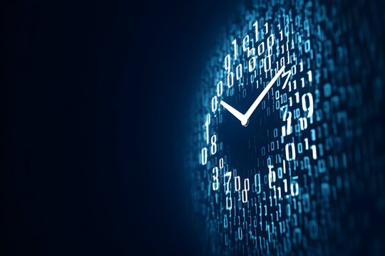 A clock made of white numbers and symbols floating in the air with a binary code background.