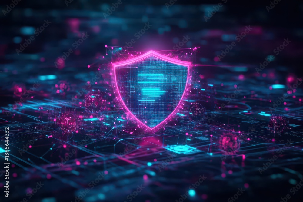 Poster a shield symbolizing security embedded in a futuristic circuitry design with a glowing background ev