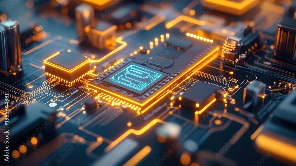 Poster intricate circuit board design featuring layered patterns and textures highlighting modern technolog