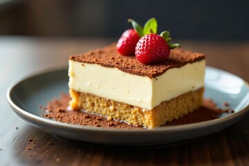 Close-up view of a single serving of tiramisu, showing texture and detail , delicious food, detail, coffee aroma