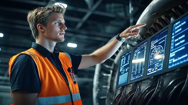A dramatic shot of an engineer in a reflective vest pointing at a digital diagnostic screen while discussing engine performance data with a colleague in a high-tech maintenance fac