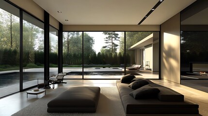 Smart glass coated with transition metals, changing opacity instantly in response to light in a modern home 