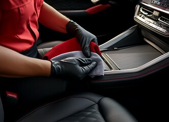 A worker is cleaning the car's leather seats with gloves and a microfiber cloth, with a close-up of their hands in action