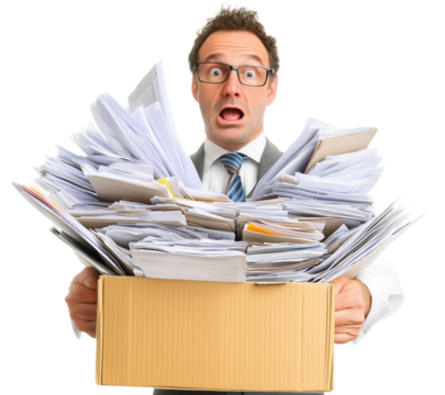 Unhappy businessman stands,box full of papers holding in hands,PNG,clipart,transparent background. - Powered by Adobe