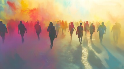 Fototapeta premium People Walking Through Colorful Smoke at Outdoor Festival Event