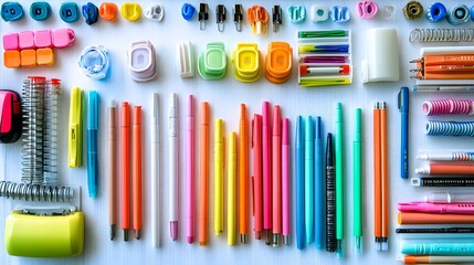 Colorful Stationery Supplies Flat Lay Pens Markers Clips More Office Organization
