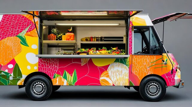 A vibrant food truck showcasing gourmet street food with colorful branding. digital