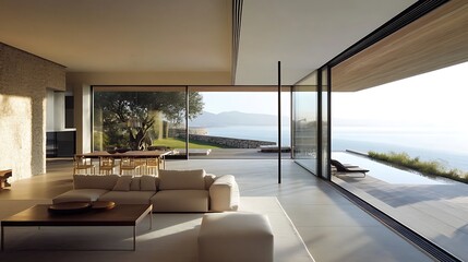 Smart glass coated with transition metals, changing opacity instantly in response to light in a modern home 