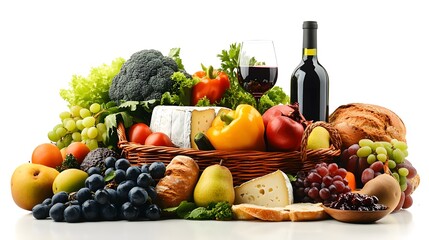 Fresh Produce Cheese Bread and Red Wine Still Life Arrangement