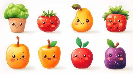 Adorable Cartoon Fruits and Vegetables Set Kawaii Apple Strawberry Pear Broccoli Illustration