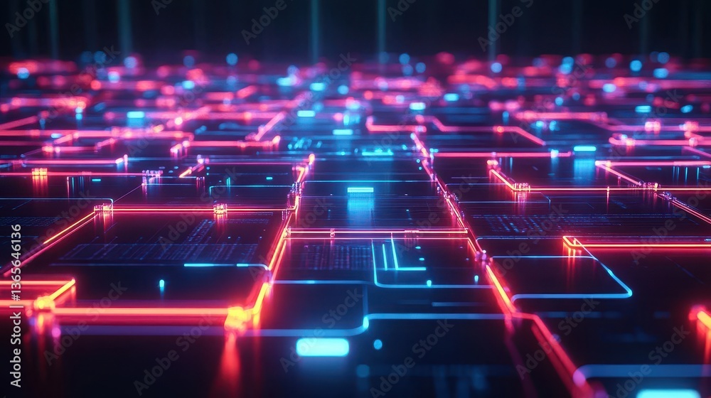 Poster intricate computer circuit board illuminated by dynamic red and blue lights creating a futuristic an