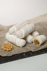 Walnut Puff Pastry Rolls on White Background