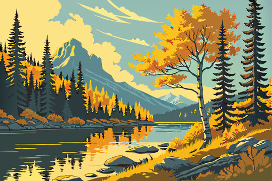 16 Vibrant autumn landscape, serene lake reflection, golden foliage, evergreen trees, clear blue sky, wispy clouds, tranquil water surface, mountain backdrop, picturesque nature scene, fall colors, mi