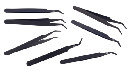 set of black metal anti-static tweezers tool isolated from background	