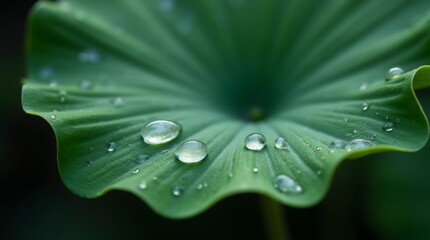 Water droplets on green leaf in rain forest. Nature background. Drops of dew on the leaves of a lotus.