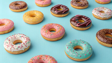 Gourmet donuts with smooth icing, sugar sprinkles, and rich chocolate toppings, artfully arranged on a pastel surface.