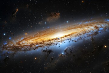 Naklejka premium A spiral galaxy with bright core and blue arms against a backdrop of distant stars and cosmic dust clouds