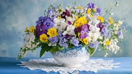 Vertical composition of clustered spring blooms in lavender, golden, and ivory tones overflowing from lace-detailed porcelain teacup on cobalt tablecloth. Serene light blue backdrop ideal for Easter b