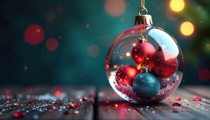 Colorful Christmas ornaments suspended from a string in a beautiful glass sphere, Glass Balls, Winter Season